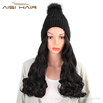 Aisi Hair Synthetic Nature Black Long Wavy Body Wave Cap Hair Heat Resistant Fiber Hair Extension With Cap For Black White Women